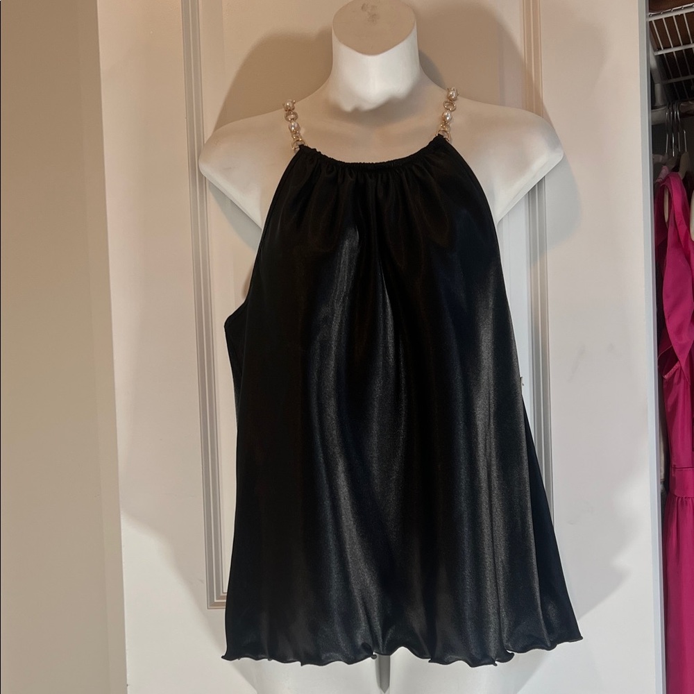 Nicole Miller Black Satin Halter Top with Pearl-Strap Detail
